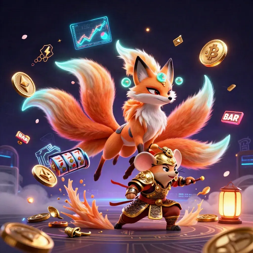 Nine-tailed fox spirit and golden-armoured mouse amid neon coins, lightning, petals, and casino magic