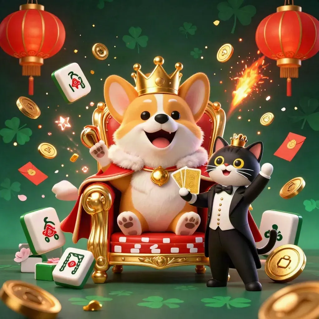 Crowned corgi king and cat butler amid lanterns, jade coins, embers, and poker chips.