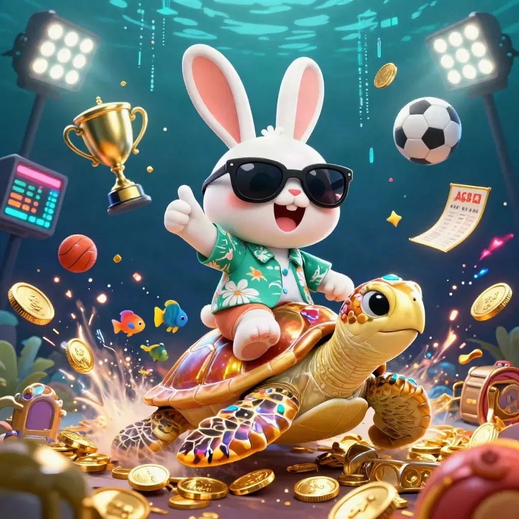 Lucky rabbit on jeweled sea turtle amid coins, sports balls, fireworks, and neon casino glow.