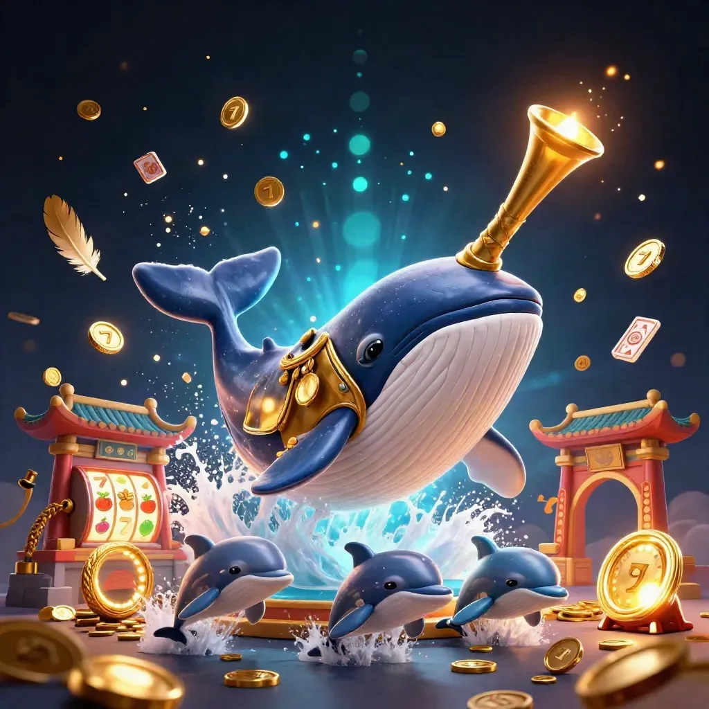 Whale captain, narwhal, and dolphins burst through gold coins in a neon casino fantasy.
