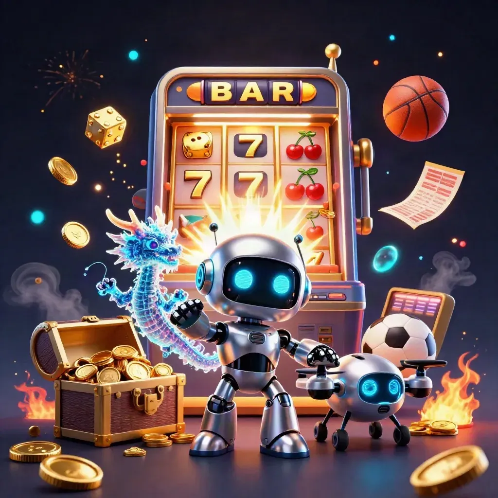 Cyberpunk robot, holographic dragon and coin drone amid exploding slot jackpot and gold coins.