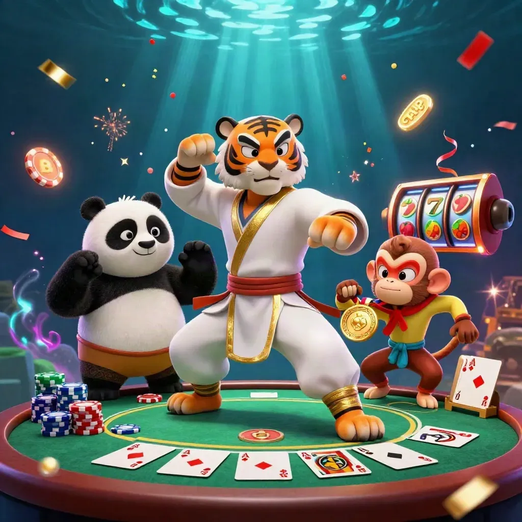 Kung-fu tiger, panda, and monkey amid casino chips, cards, reels, and underwater neon light.
