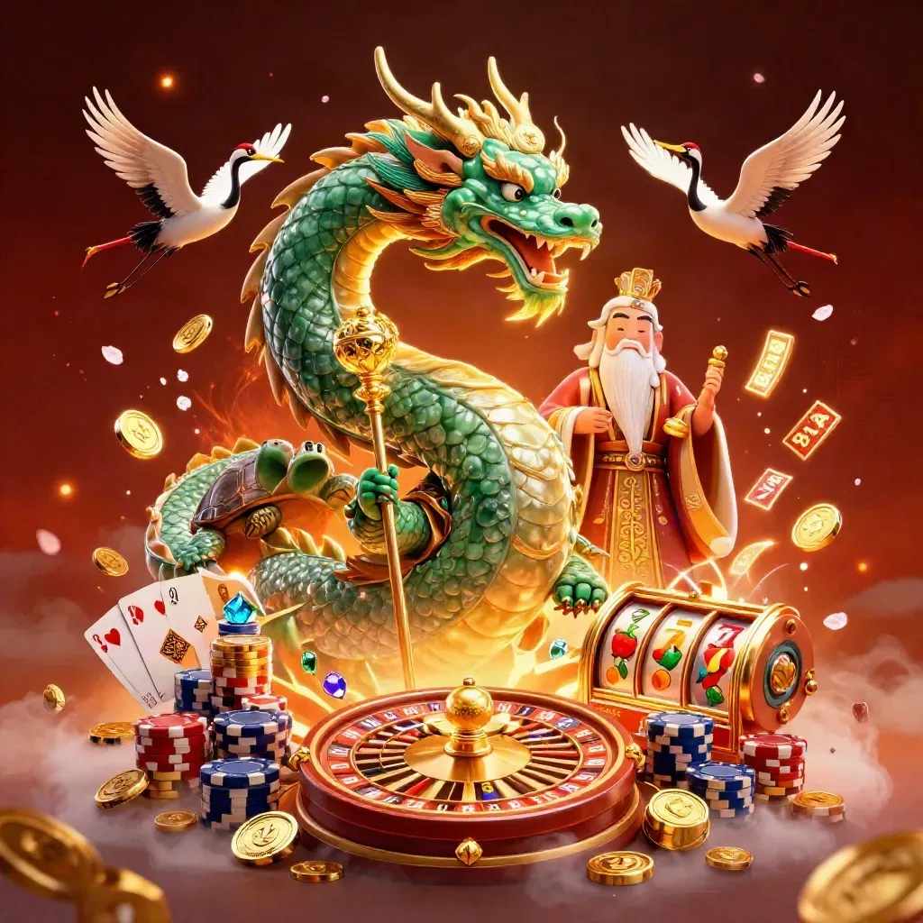 Emerald dragon, turtle sage, and cranes amid casino fire, coins, reels, and glowing chips.