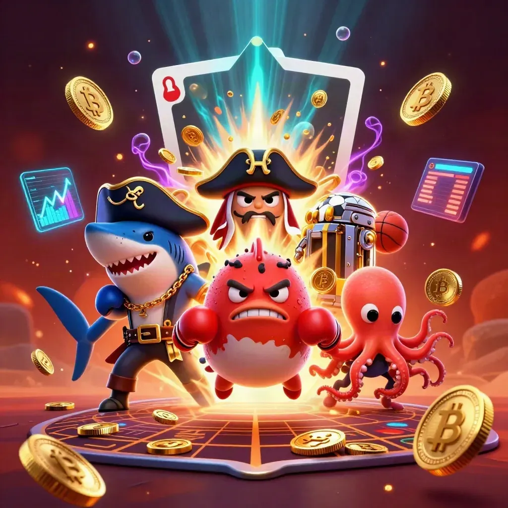 Pirate shark, boxing pufferfish, and juggling octopus amid gold coins, crypto glow, and casino sparks