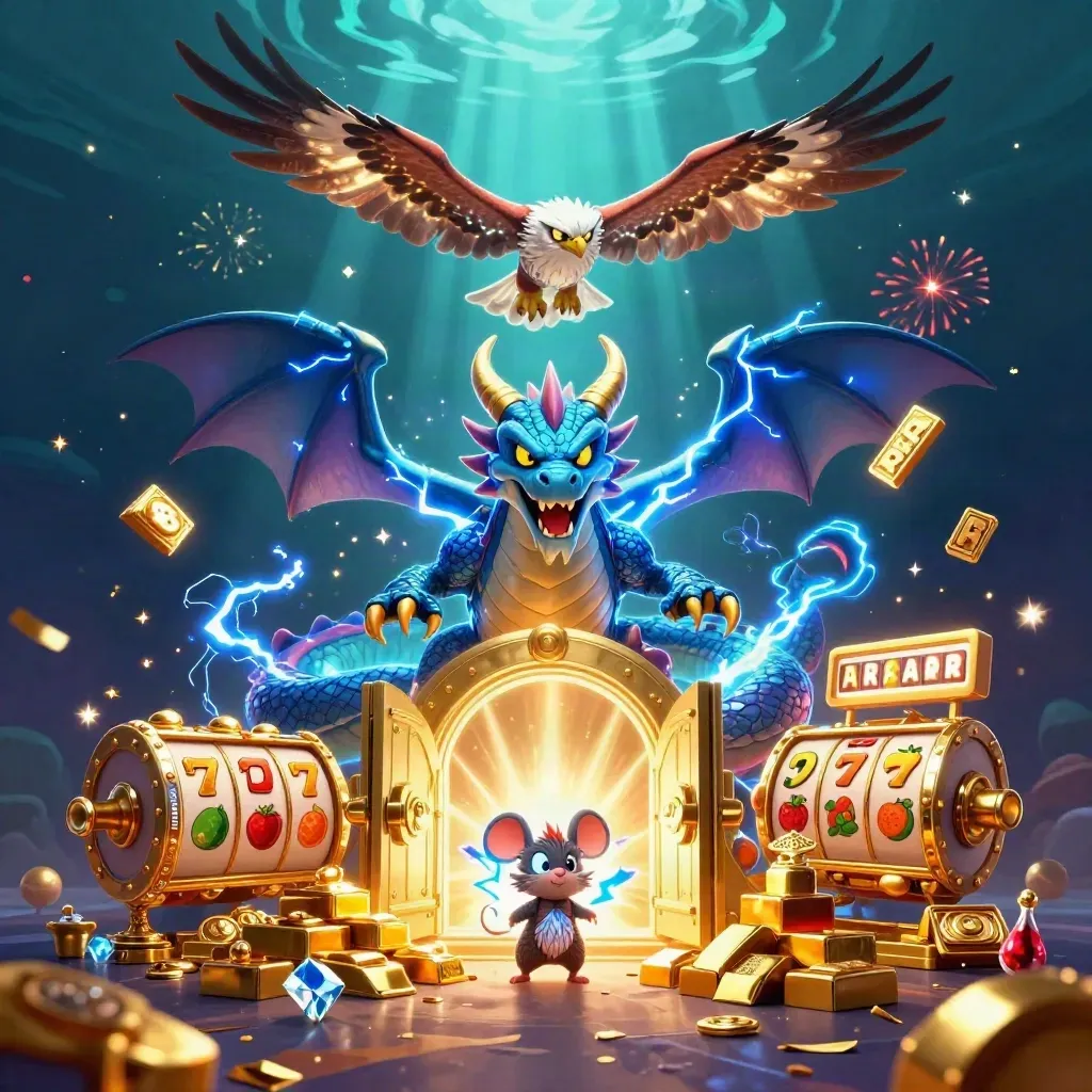 Thunder dragon, glowing hawk, and crackling mouse amid a bursting gold vault and casino symbols.