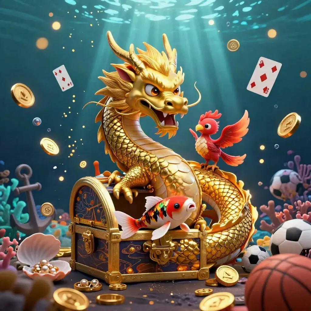 Golden dragon with phoenix and koi amid treasure cove, coins, coral, and casino symbols in neon light.