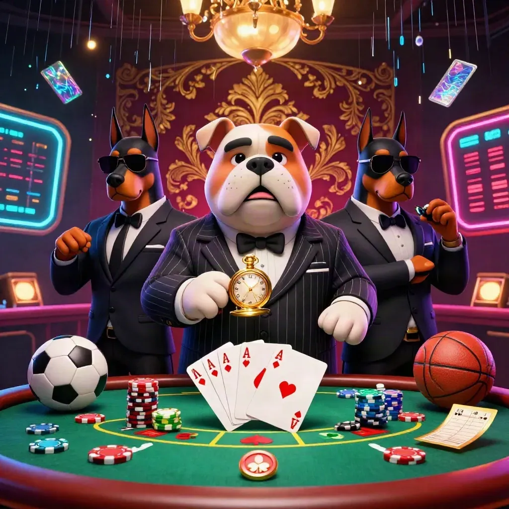 Bulldog mob boss with two Dobermans amid poker chips, cards, sports bets, neon casino luxe