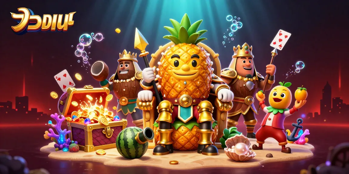 Experience แทงบอล action with a vibrant scene featuring the pineapple king and dynamic casino elements.