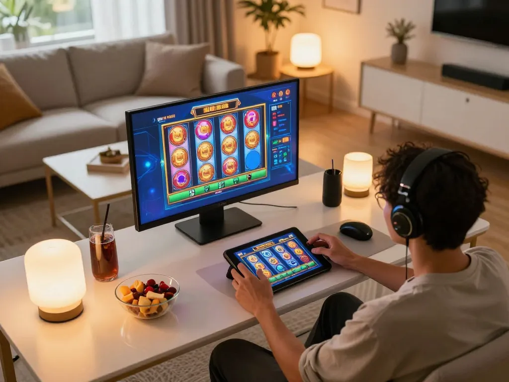 Orang yang menikmati permainan slot di tablet dalam pengaturan rumah yang nyaman dengan pencahayaan ambient dan camilan.