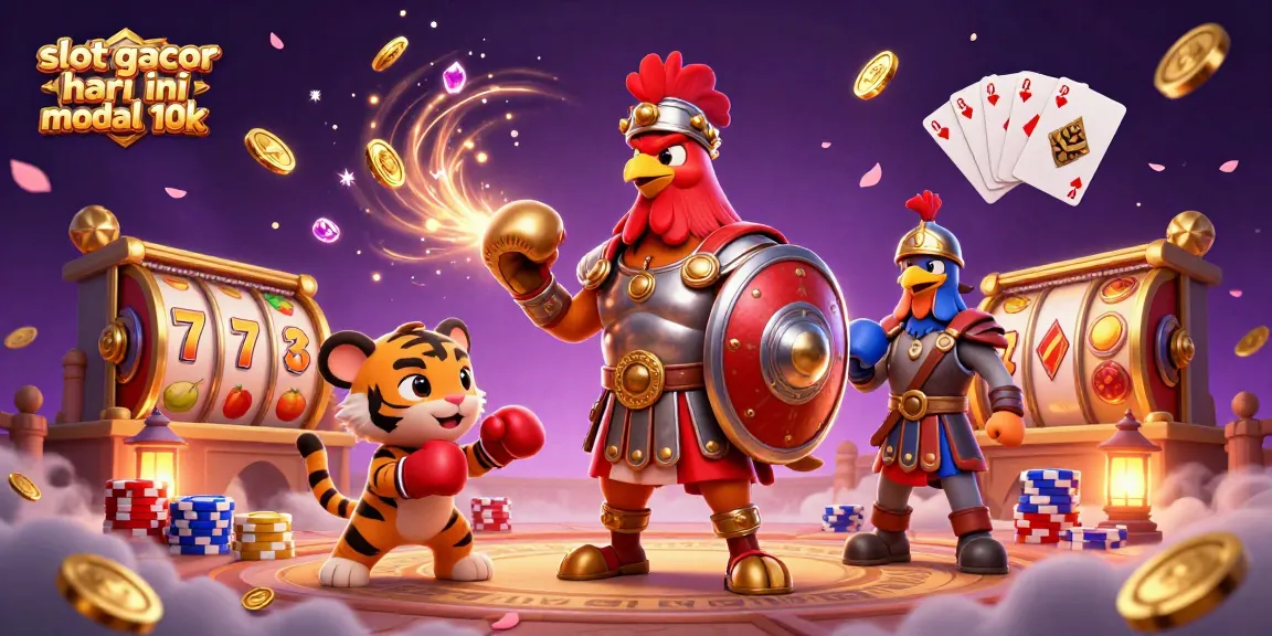 Spin to win with slot gacor hari ini modal 10k, featuring 3D characters and casino elements.