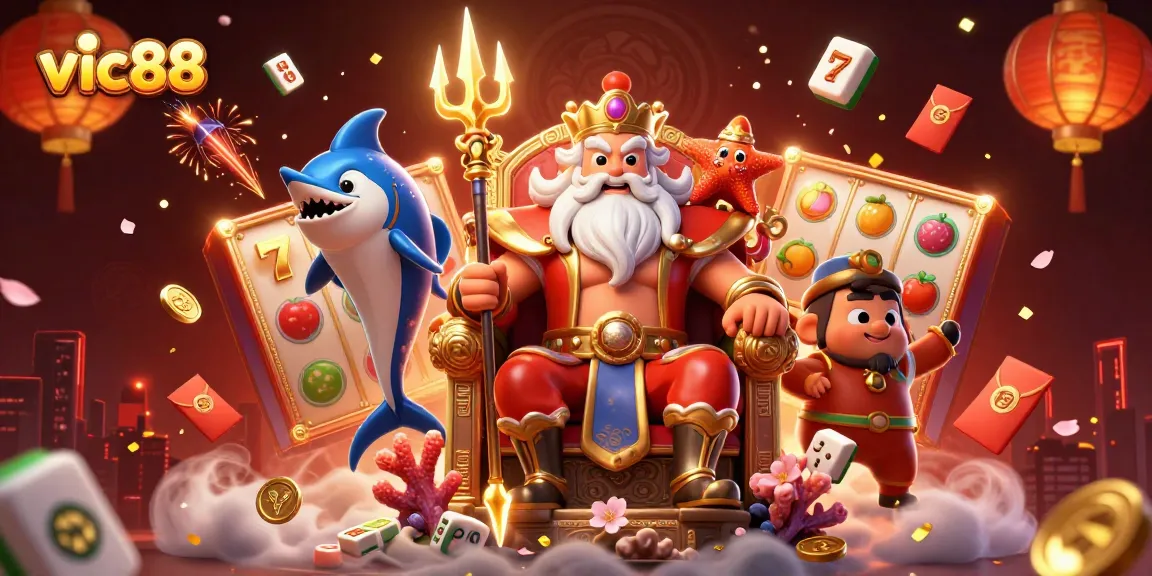 Spin slots and enjoy winning with vic88 amidst vibrant 3D casino illustration elements.