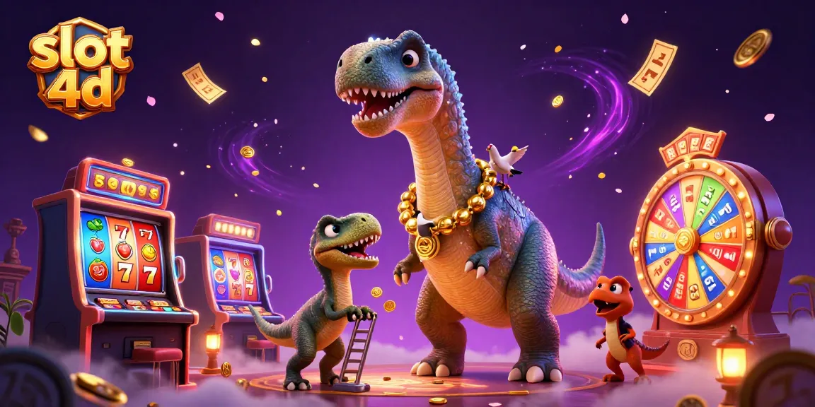 Play slot 4d and win big as a towering brontosaurus oversees a vibrant casino scene.