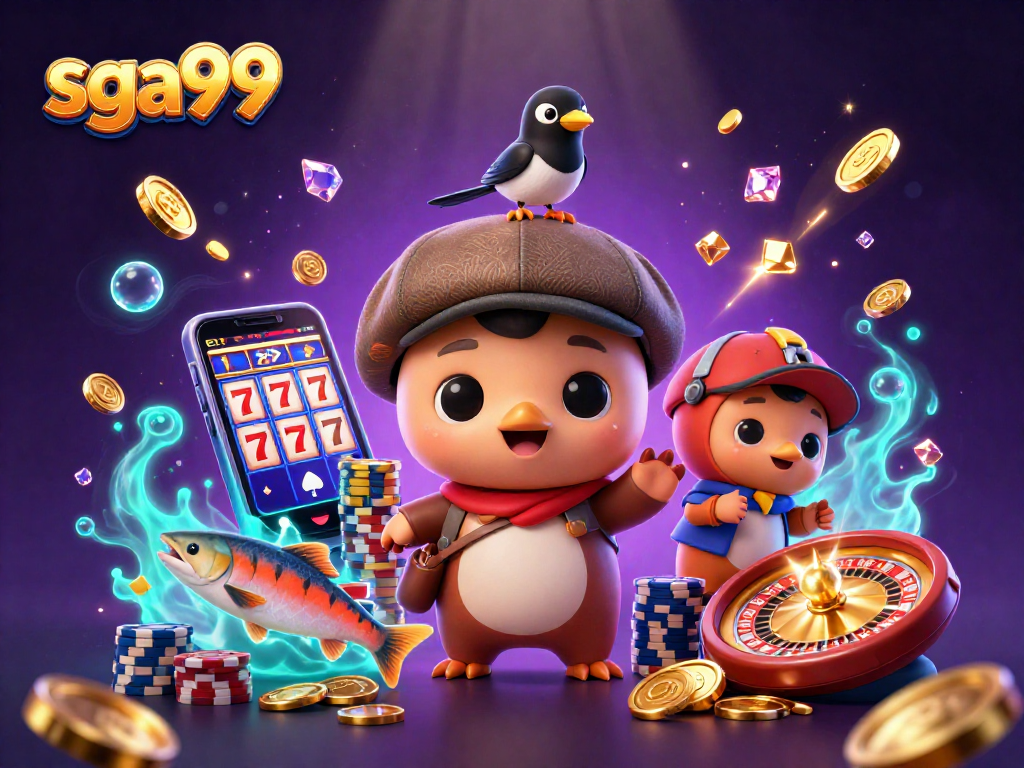Spin to win with sga99 as playful characters celebrate gaming excitement with coins and cards.