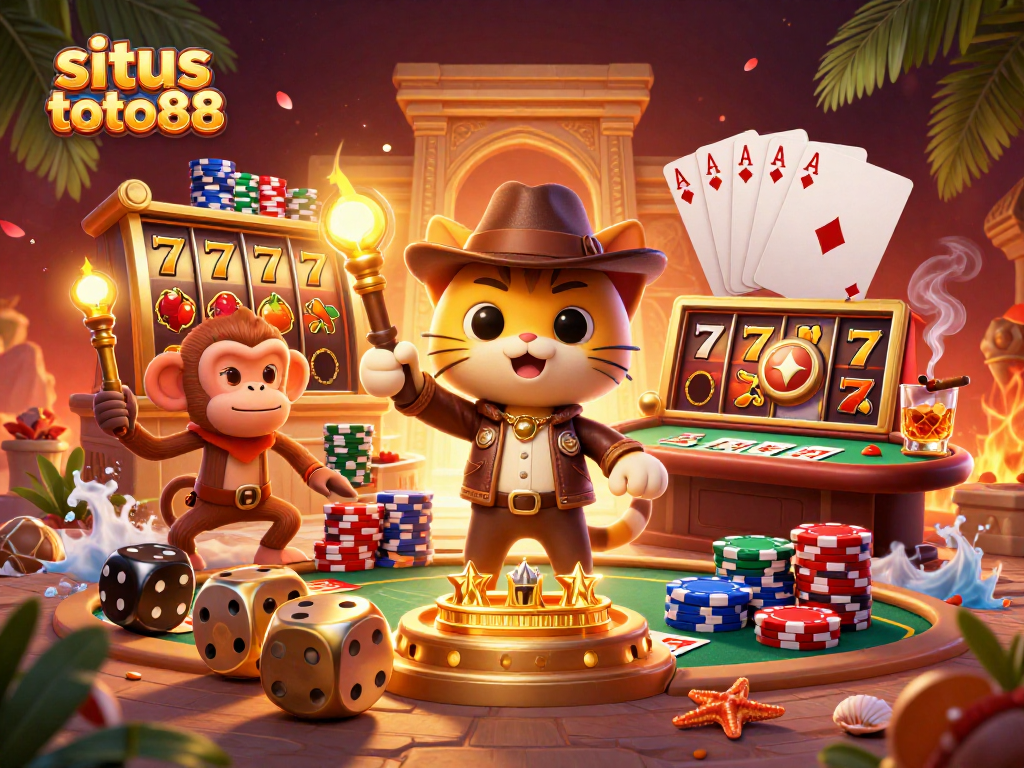 Engage with situs toto88 as a cat explorer discovers a golden casino artifact in a vibrant temple setting.