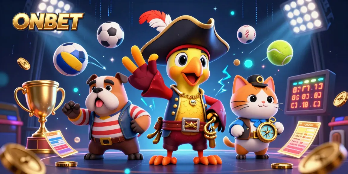 Bet on ONBET with a vibrant 3D casino scene featuring dynamic sports elements and engaging pirate characters.
