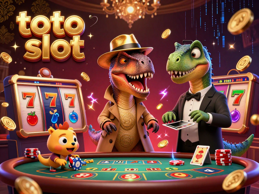 Engage with the excitement of toto slot gaming in a vibrant 3D illustration featuring animated characters and dynamic casino elements.