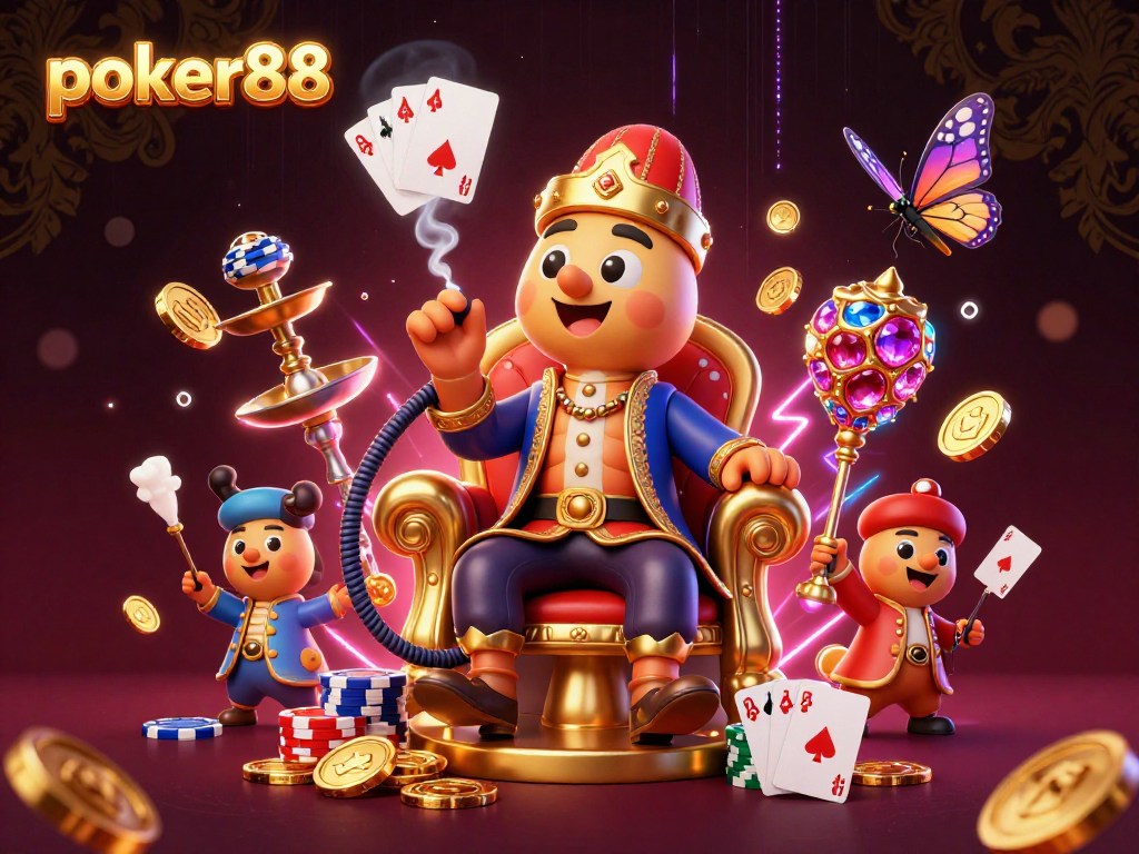 Mainkan poker88 dengan karakter menarik dan simbol kartu yang berkilau dalam ilustrasi ceria.