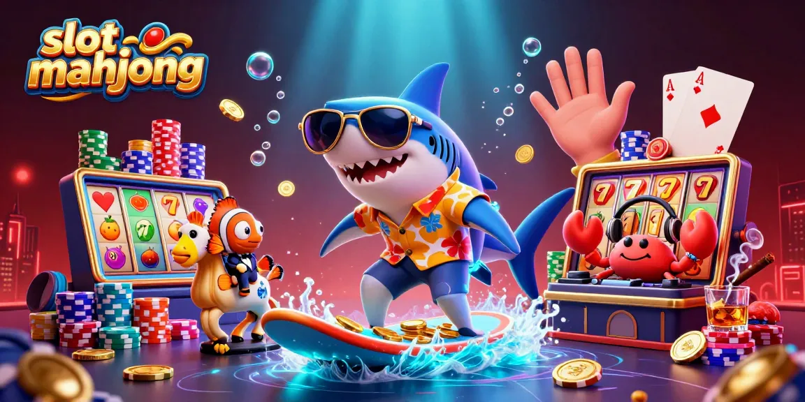 Experience thrilling gameplay with slot mahjong as vibrant characters surf on golden coins and slot reels.