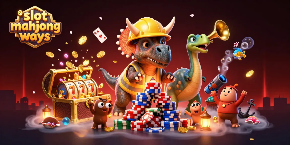 Experience the thrill of slot mahjong ways as triceratops builds poker chips, celebrating wins surrounded by treasures.
