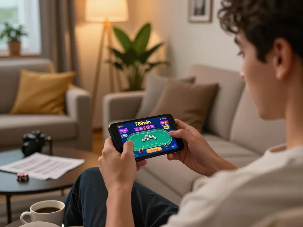 The user enjoying the app 789win on their smartphone while seated on a cozy sofa.