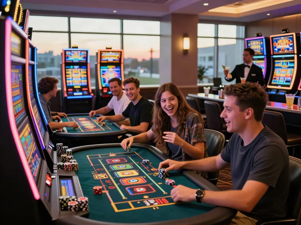 Players enjoying the thrill of akunjp slot machines in a vibrant lounge atmosphere.