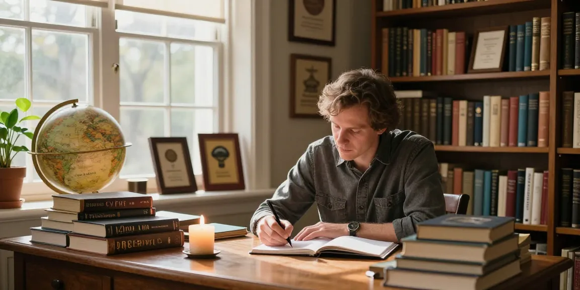 T Allen Greenfield writing in a cozy library, surrounded by spiritual and UFO books, reflecting the creative essence of https://tallengreenfield.com.