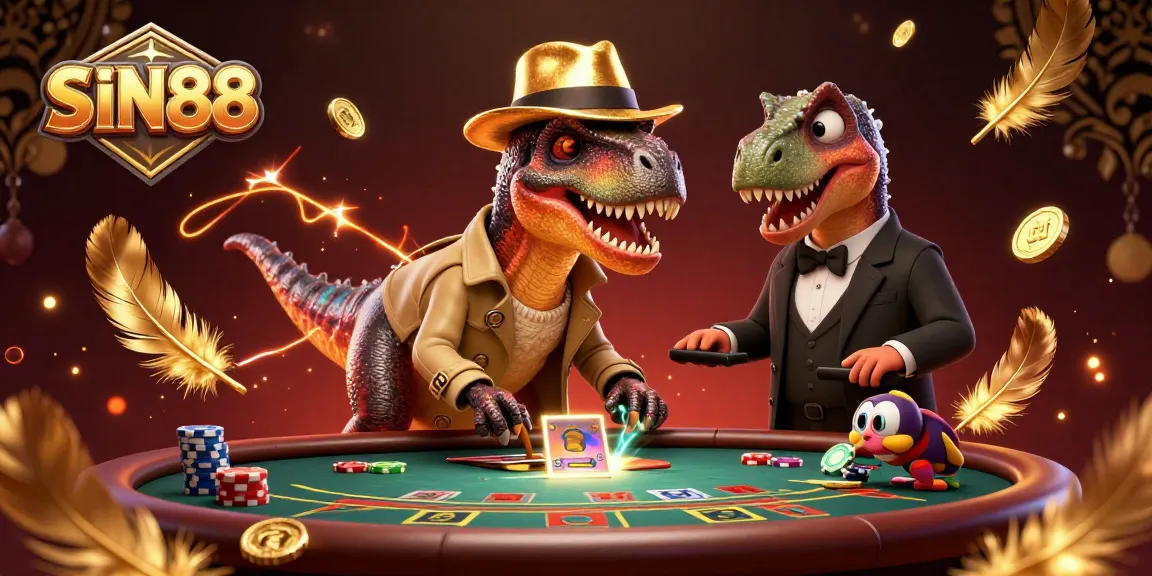SIN88 card counter velociraptor at a blackjack table with dynamic casino elements.