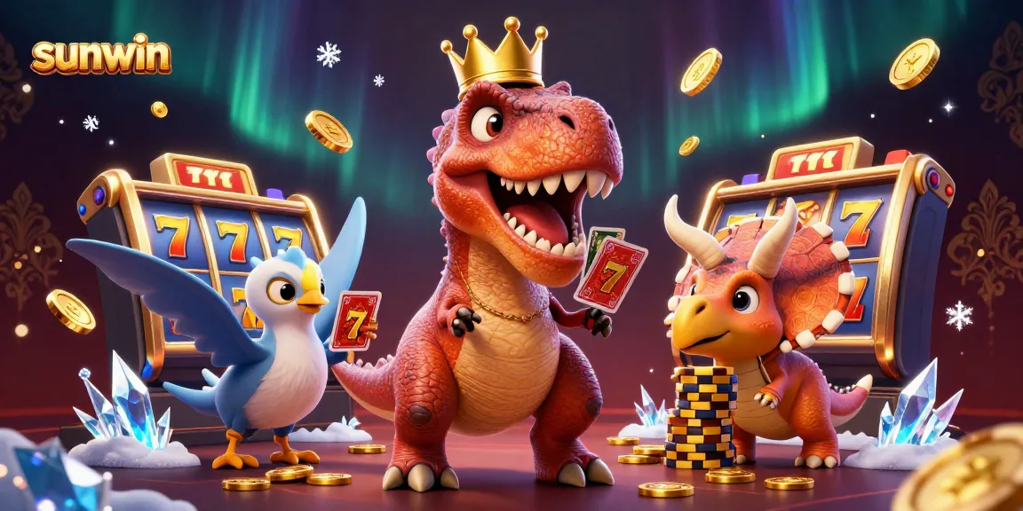 Experience thrilling gameplay at sunwin's colorful casino, featuring 3D T-Rex and vibrant slot machines.