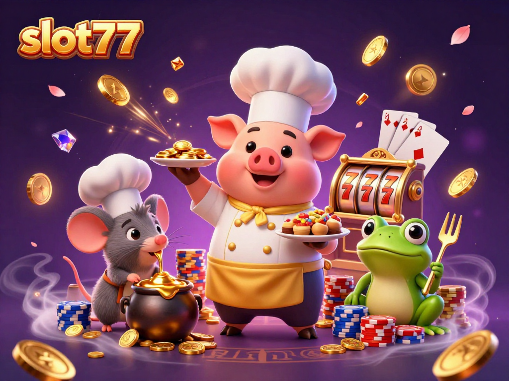 Experience slot777 excitement with a lively scene of a chef pig serving gold coins surrounded by vibrant casino elements.