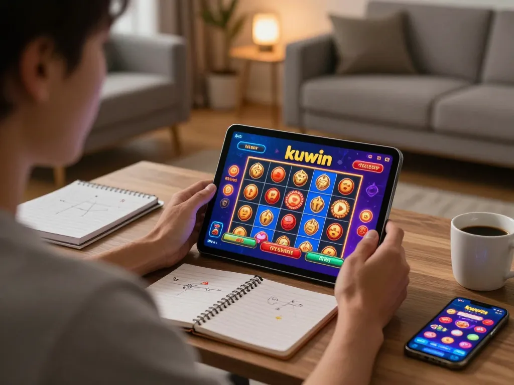 Experience online gaming on kuwin with an engaging tablet interface in a cozy setting