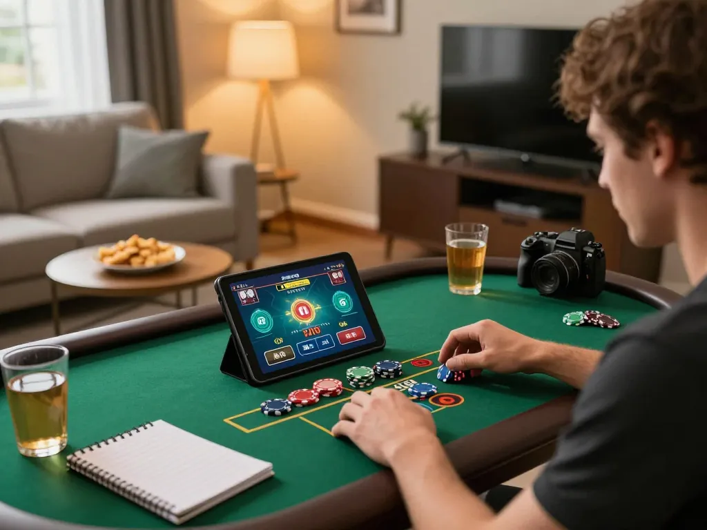 Engaging in ดูหนัง while playing live dealer games on tablet in a cozy setting.