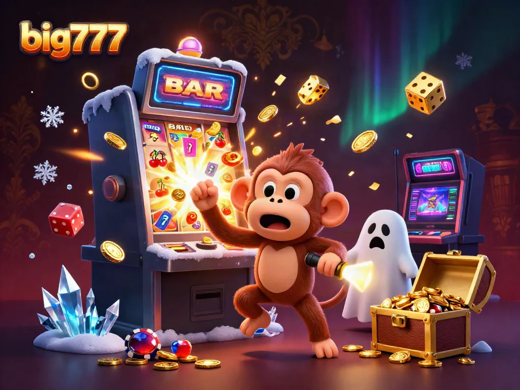 Engage with big777 as a mischievous monkey juggles casino treasures in a vibrant, haunted casino.