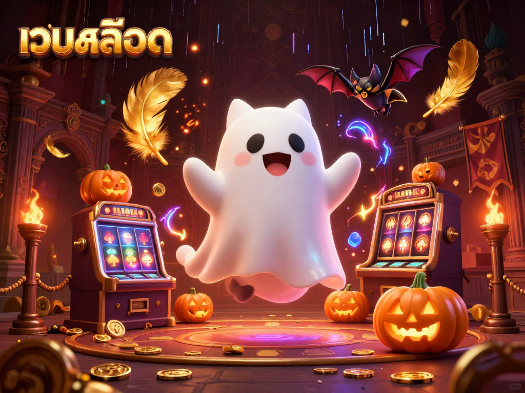 Engage in thrilling เว็บสล็อต adventures with a friendly ghost cat and vampire bat in a ghostly casino.
