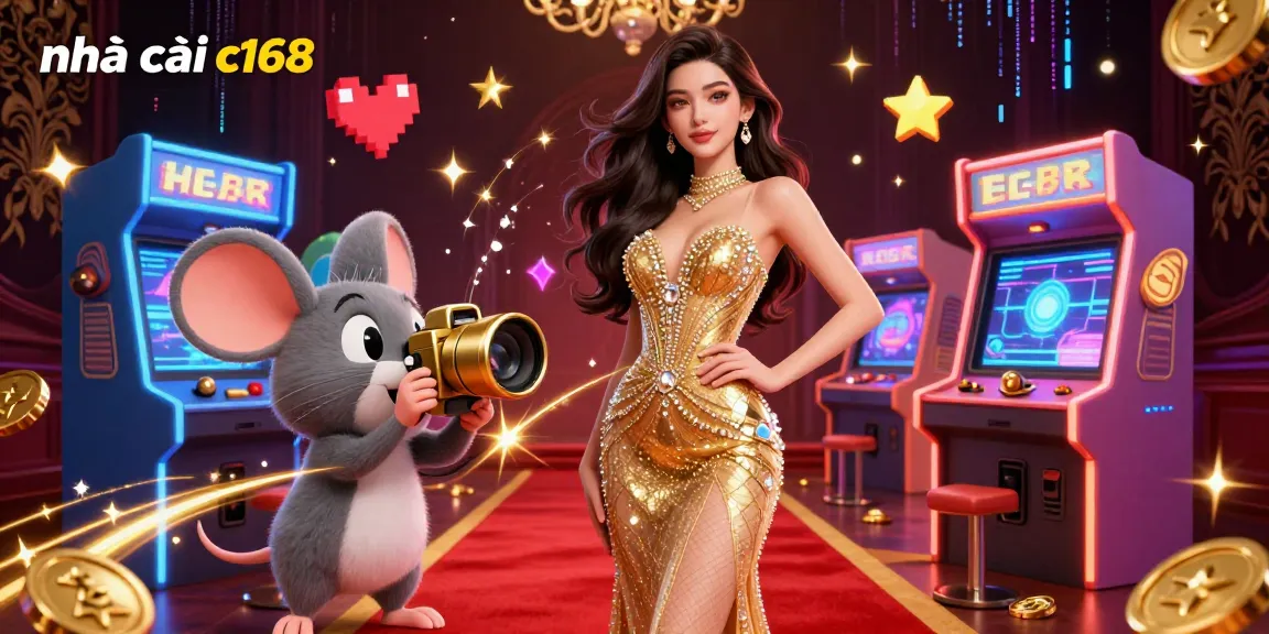Experience the excitement of nhà cái c168 with vibrant casino games and engaging characters in a lively illustration.