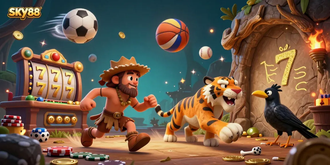 Engage with SKY88 at a vibrant prehistoric casino showcasing energetic gaming with slots and jackpots.