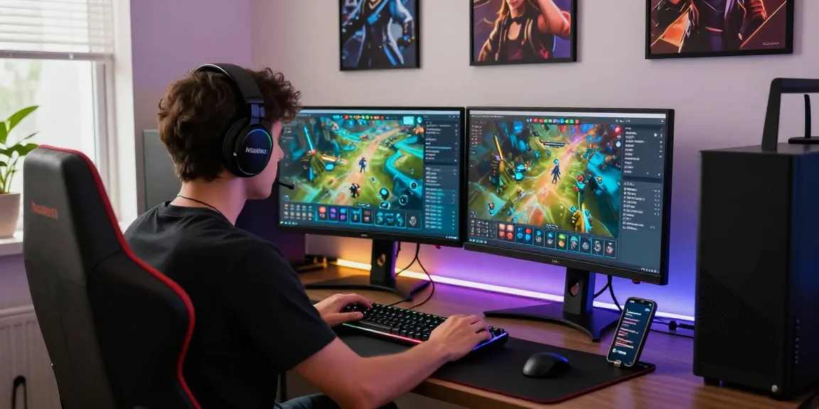 Engaged player on Mahajitu platform, showcasing vibrant gaming interface and stylish desk setup.
