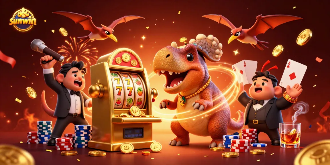 sun-win illustration of a pachycephalosaurus triggering a slot machine jackpot amidst casino chaos