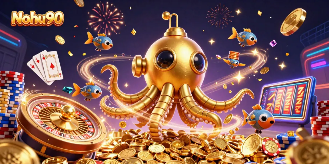 Nohu90 design featuring a golden kraken submarine amidst golden coins, showcasing casino excitement.
