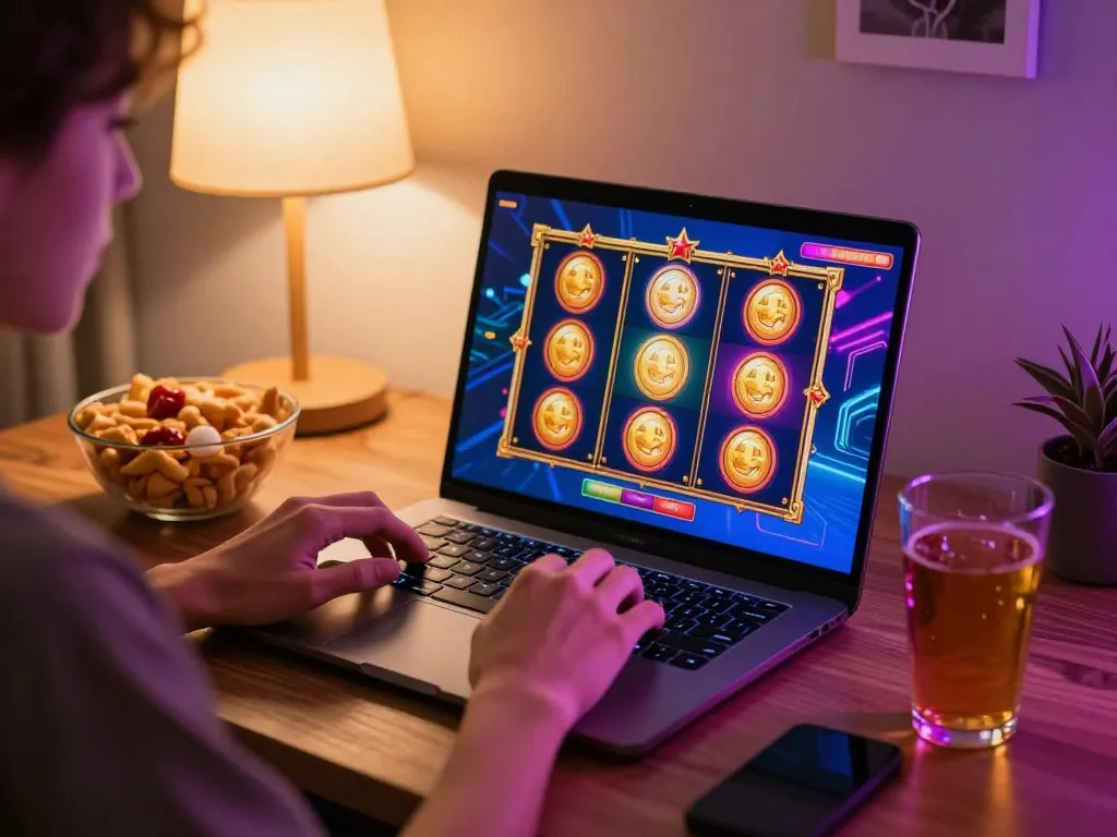 Playing slot gacor online in a cozy home setting, featuring laptop and snacks.
