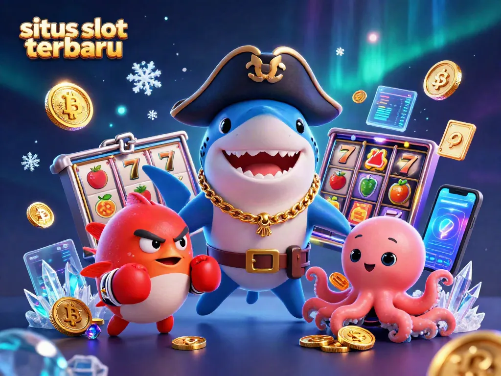 Menangkan jackpot di situs slot terbaru dengan ilustrasi ceria karakter laut dan simbol permainan.