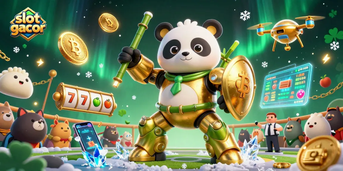 Mengalami keseruan bermain slot gacor dengan 3D panda emas dalam robot bertarung di arena yang dikelilingi suporter hewan.