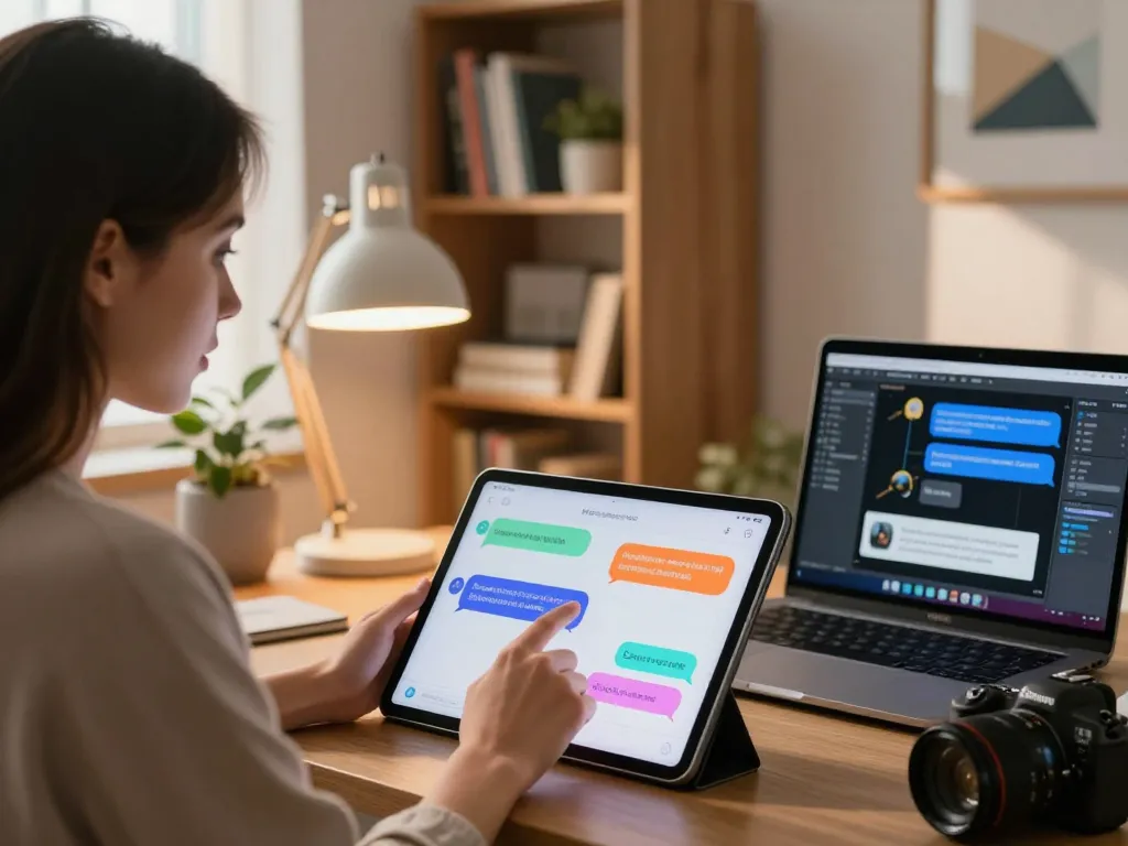 Young woman enjoying free ai sex chat on her tablet in a cozy home office.