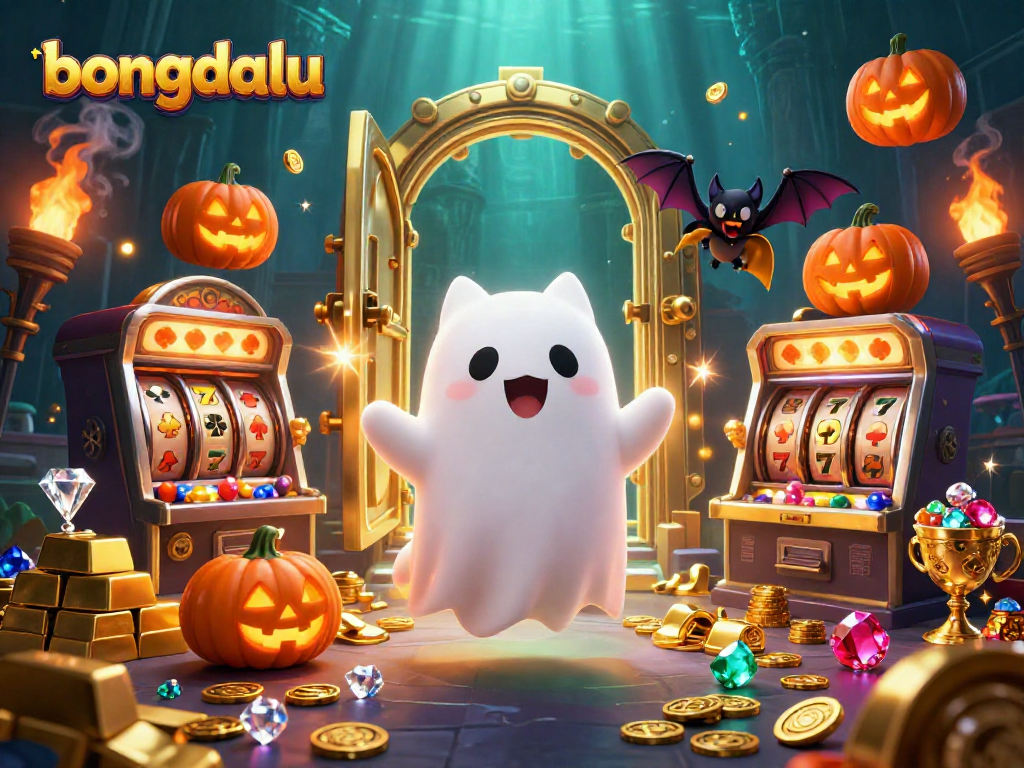 Engage with bongdalu's lively haunted casino scene featuring a ghost cat, bat, and glowing poker jack-o-lanterns.