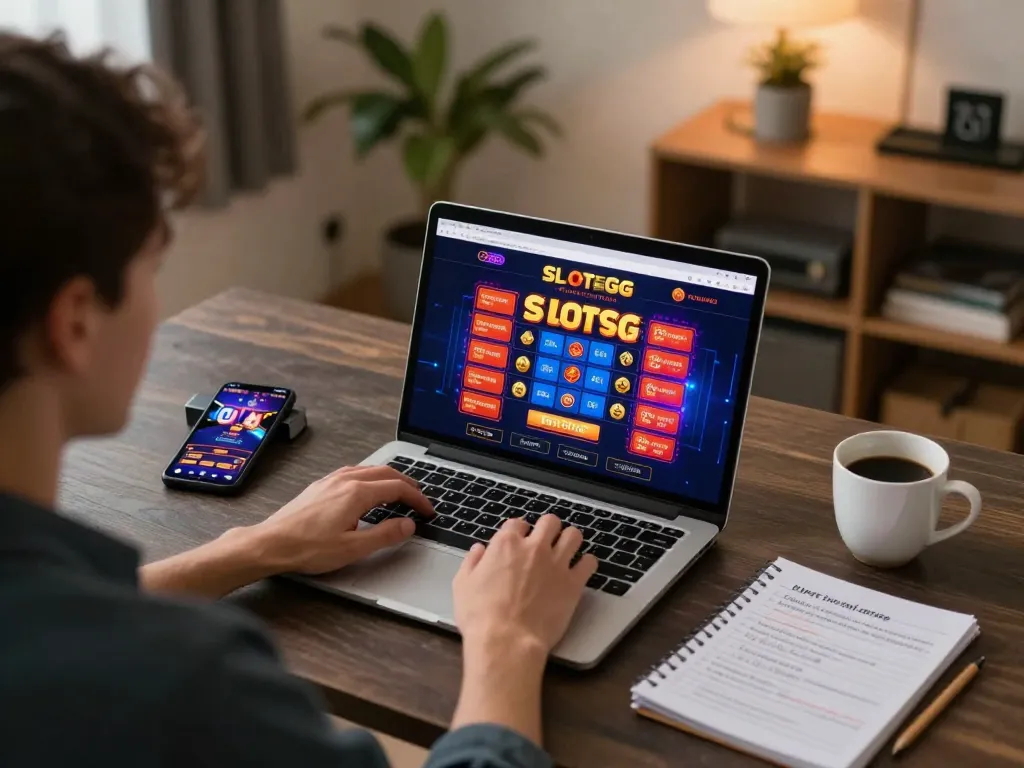 Engaged player explores SlotsGG online gaming interface on laptop for a strategic betting experience.