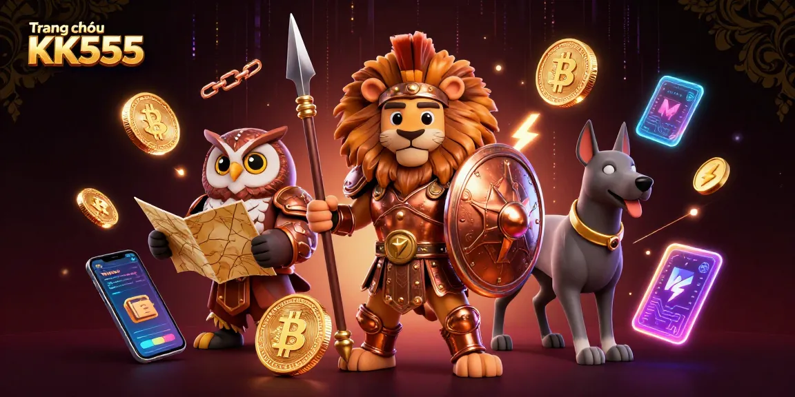 Engage with thrilling games on Trang chủ KK555, showcasing a vibrant 3D scene of characters and digital currency elements.