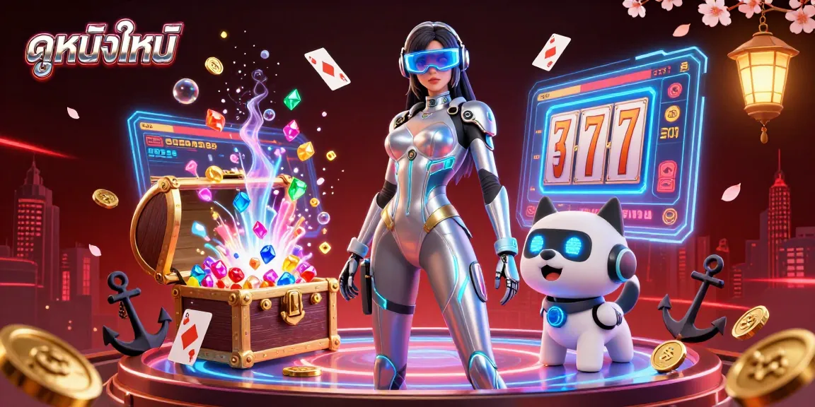 Experience an exciting gambling world with ดูหนังใหม่ featuring a futuristic woman and robot dog amidst dynamic casino games.
