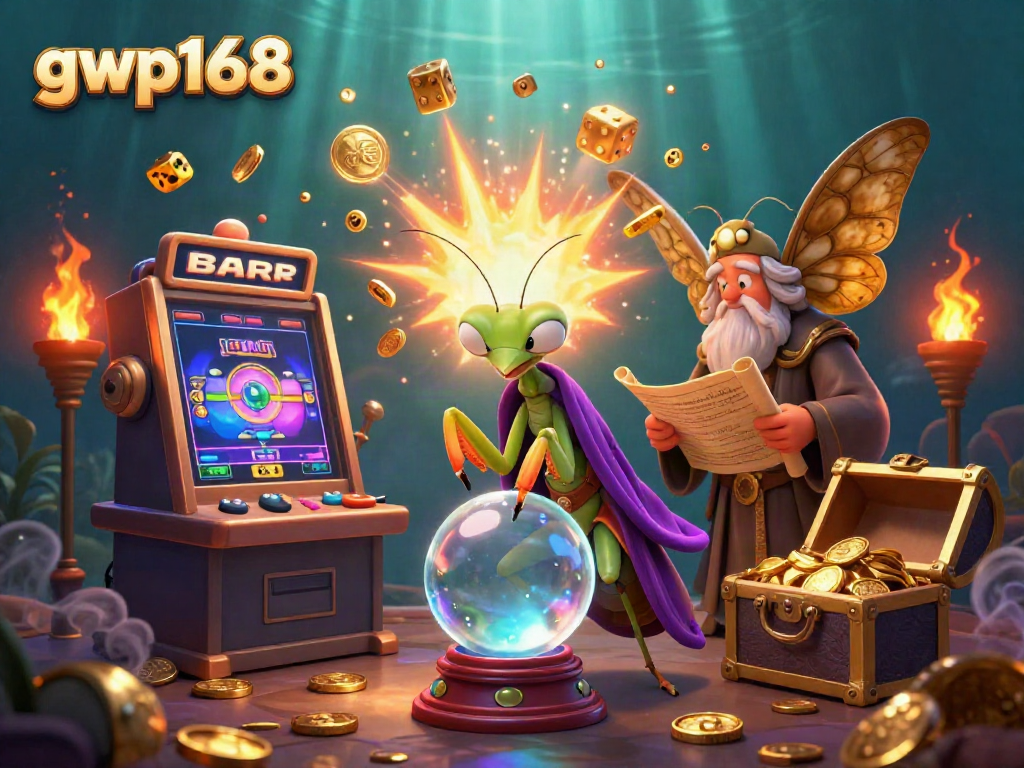 Menggali kemenangan di gwp168 dengan slot mesin jackpot dan karakter menarik yang berinteraksi.