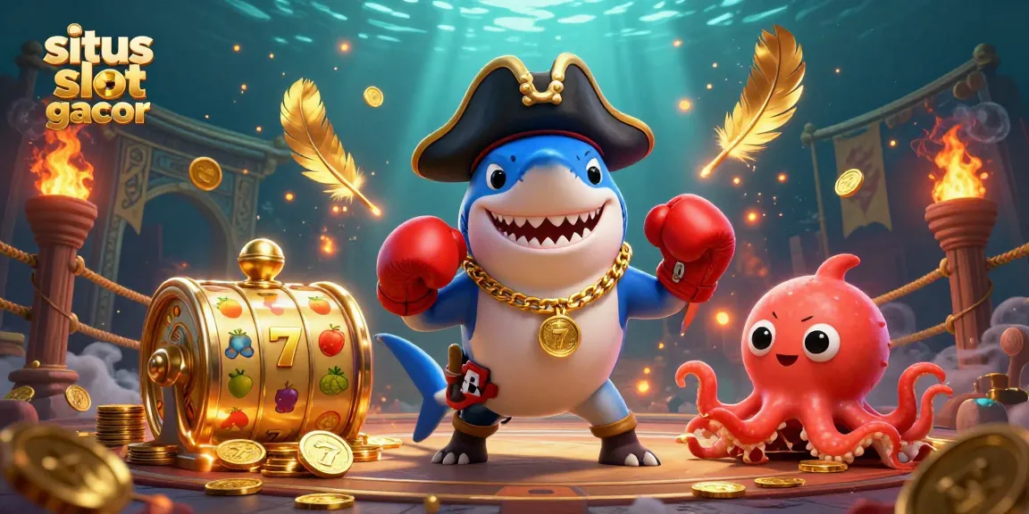Gambarkan situs slot gacor dengan hiu kartun yang mengenakan topi kapten, ikan puffer merah, dan bayi gurita memegang koin emas.