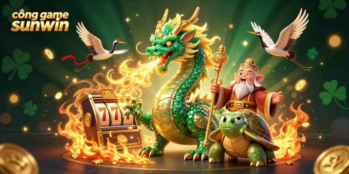 Engage with the dynamic cổng game sunwin world, featuring a jade dragon, turtle sage, and lucky cranes amidst gold coins and jackpot symbols.