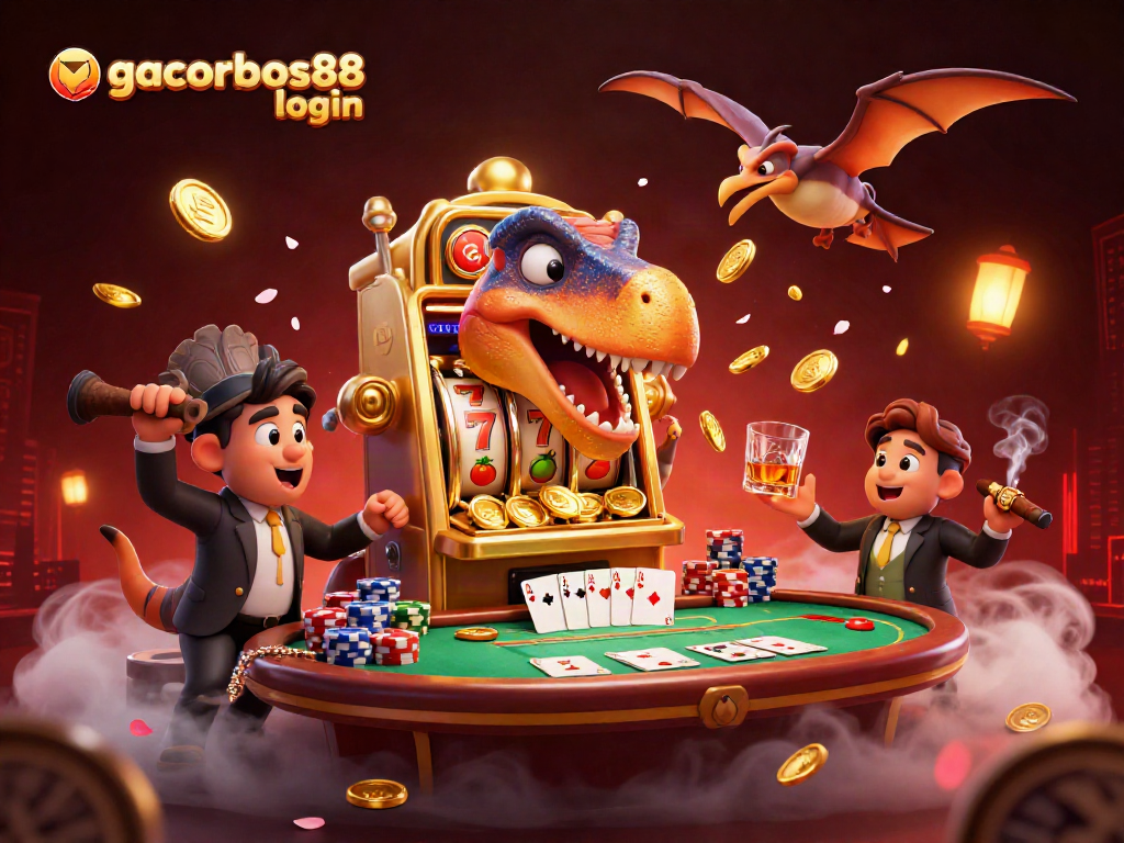Experience big wins with gacorbos88 login, featuring dynamic 3D dinosaurs and slot machines in a bustling casino.